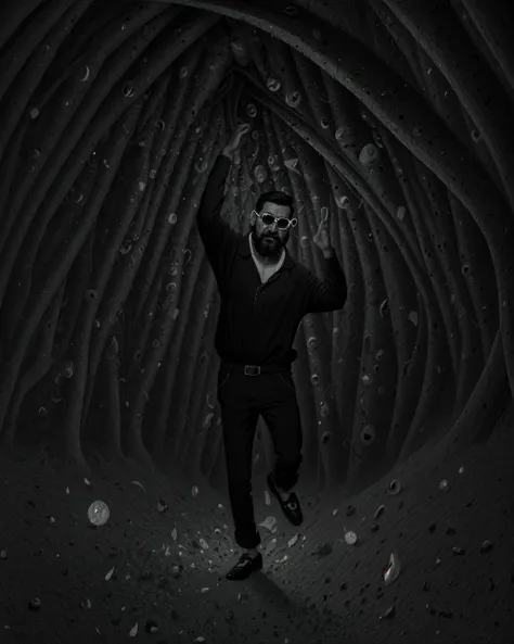 masculine (adult palestinian man:1.1), purple eyes, yellow hair, mustache, subterranean techno rave, underground electronic music parties, pulsating beats, hidden dancefloors, (monochrome:1.3),very intricate,(rough painting),engraving,high res,<lora:SylvanorStyle:1.3>