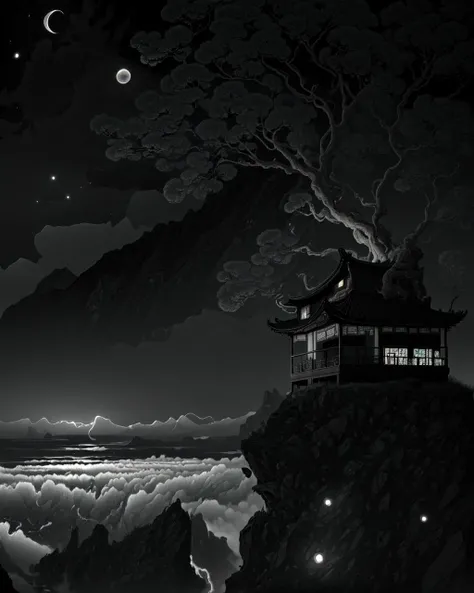 (mature old chinese:1.3) woman, (skindentation:1.3),  (detailed wrinkled face),  (very skinny:1.3), grey eyes, graying hair, fishtail braid, etherwind peaks, swirling ether winds, towering cliffs, home of celestial creatures, (monochrome:1.3),very intricate,(rough painting),engraving,high res,<lora:SylvanorStyle:1.3>