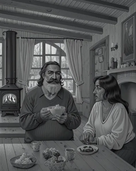 (mature old swedish:1.3) man, (skindentation:1.3), (detailed wrinkled face), (fat:1.1), brown eyes, gray hair, fade with mustache, village inn, cozy fireplace, wooden beams, hearty meals, merry conversations, (monochrome:1.3),very intricate,(rough painting),engraving,high res,<lora:SylvanorStyle:1.3>