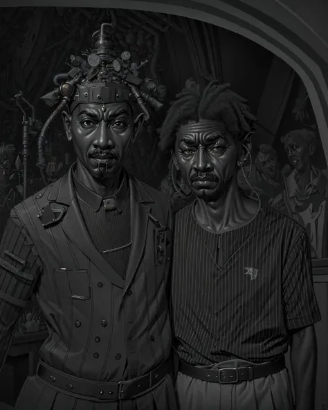 (mature old ethiopian:1.3) man, (skindentation:1.3), (detailed wrinkled face), (skinny:1.1), red eyes, gray hair, taper fade, cybernetic street performers, robotic musicians, augmented street dancers, interactive performances, (monochrome:1.3),very intricate,(rough painting),engraving,high res,<lora:SylvanorStyle:1.3>