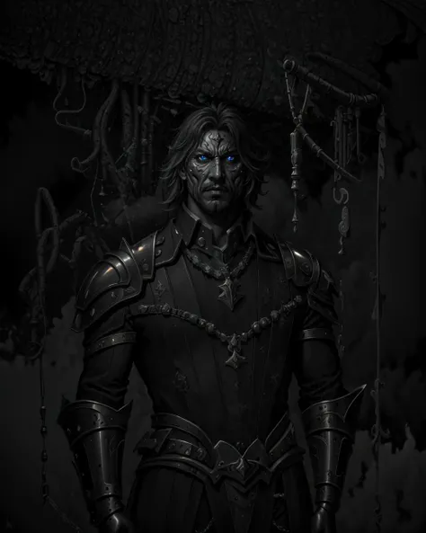 masculine (adult indonesian man:1.1), blue eyes, gray hair, thin beard (style-swirlmagic:1.0), pale skin, portrait, (<lora:MusketPunkAI:0.6>, MusketPunkAI theme:1.1) looking up, solo, upper body, dynamic pose, detailed background, madness in eyes, succubus, evil to the core, eye shadow, dusk, fighting stance, armor made of bone, cursed amulet, underworld, , bringer of the false light, spiders, spiderwebs, bats, dark magic, dark clouds, floating dark crystals, decadence, evil energy emanating, dark magic light brown waves in the air, dark aura, broken chains, summoning circle,, (monochrome:1.3),very intricate,(rough painting),engraving,high res,<lora:SylvanorStyle:1.3>