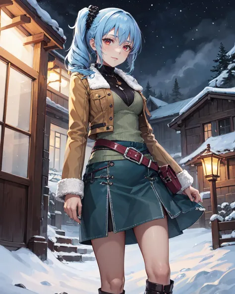 best quality, (masterpiece:1.2), illustration, absurdres,
(1girl), (solo), (beautiful detailed girl), from below,
<lora:ClaireCasual-08:0.8>, blue hair, side ponytail, scrunchie, red eyes, medium breasts,
brown jacket, fur trim, green top, black collar, green skirt, belt, grey boots,
looking at viewer, gentle smile,
winter, snowfall, snowy mountains, snow, snowy pine trees, freezing weather, frost, chill, wind, windy, winter , night, nighttime, starry sky, wooden fence, distant village, distant lights, lantern,