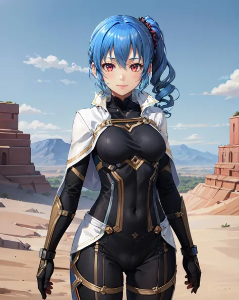 best quality, (masterpiece:1.2), illustration, absurdres,
(1girl), (solo), (beautiful detailed girl), cowboy shot,,
<lora:ClaireIronblood-08:0.8>, blue hair, side ponytail, scrunchie, red eyes, medium breasts,
black bodysuit, skintight bodysuit, white capelet, white waistcloak,
looking at viewer, gentle smile,
desert, mesas, sun, sky,