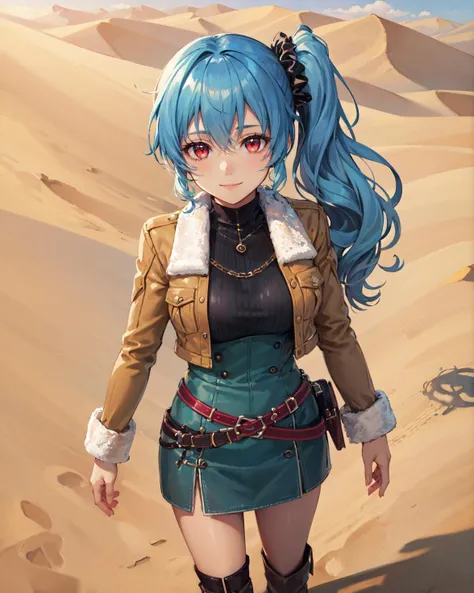 best quality, (masterpiece:1.2), illustration, absurdres,
(1girl), (solo), (beautiful detailed girl), from above,
<lora:ClaireCasual-08:0.8>, blue hair, side ponytail, scrunchie, red eyes, medium breasts,
brown jacket, fur trim, green top, black collar, green skirt, belt, grey boots,
looking at viewer, gentle smile,
desert, sand dunes, sun, sky,