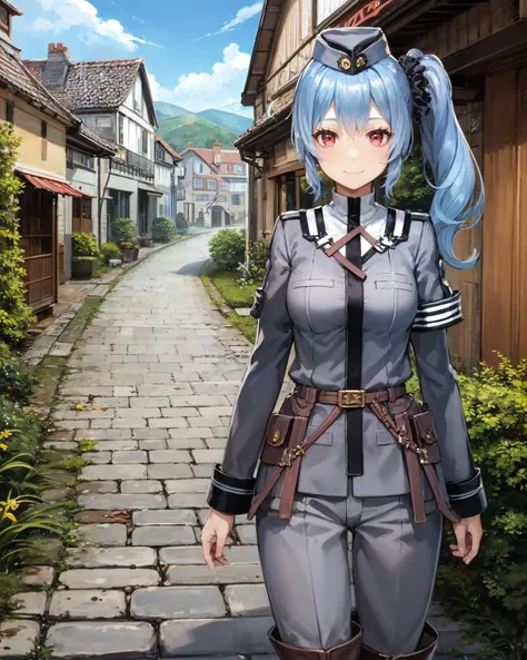 best quality, (masterpiece:1.2), illustration, absurdres,
(1girl), (solo), (beautiful detailed girl), cowboy shot,,
<lora:ClaireRMP-08:0.8>, blue hair, side ponytail, scrunchie, red eyes, medium breasts,
garrison cap, grey headwear. grey military uniform, grey pants,black capelet, purple belt, brown boots,
looking at viewer, gentle smile,
medieval town alley, cobblestone street, sky, clouds, buildings,