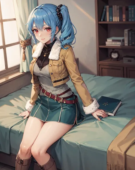 best quality, (masterpiece:1.2), illustration, absurdres,
(1girl), (solo), (beautiful detailed girl), full body shot,,
<lora:ClaireCasual-08:0.8>, blue hair, side ponytail, scrunchie, red eyes, medium breasts,
brown jacket, fur trim, green top, black collar, green skirt, belt, grey boots,
looking at viewer, gentle smile,
inside bedroom, bed, bookcase, table,