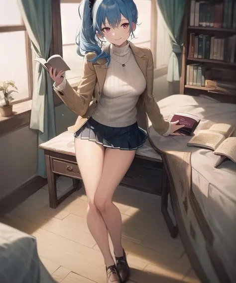 best quality, (masterpiece:1.2), illustration, absurdres,(1girl), (solo), (beautiful detailed girl), full body shot,,<lora:ClaireCasual-08:0.8>, blue hair, side ponytail, red eyes, medium breasts,white turtleneck, black collar, pleated skirt, ,looking at viewer, gentle smile,inside bedroom, bed, bookcase, table,