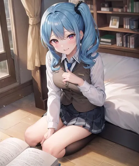 best quality, (masterpiece:1.2), illustration, absurdres,(1girl), (solo), (beautiful detailed girl), full body shot,,<lora:ClaireCasual-08:0.6>, blue hair, side ponytail, red eyes, medium breasts,white collared shirt with brown vest and necktie, black collar, pleated skirt, ,looking at viewer, gentle smile,inside bedroom, bed, bookcase, table,Fixhand