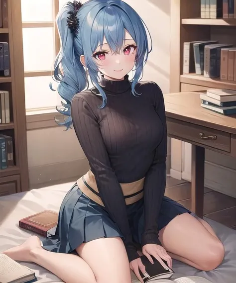 best quality, (masterpiece:1.2), illustration, absurdres,(1girl), (solo), (beautiful detailed girl), full body shot,,<lora:ClaireCasual-08:0.6>, blue hair, side ponytail, red eyes, medium breasts,white turtleneck, black collar, pleated skirt, ,looking at viewer, gentle smile,inside bedroom, bed, bookcase, table,