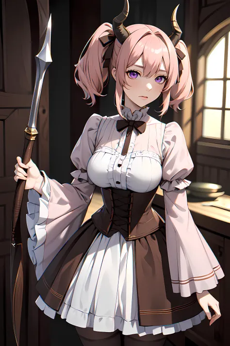 masterpiece,best quality,photorealistic, unreal engine, ultra res, extremely detailed,
1woman <lora:Linie001:0.3>
LINIE,HORNS,PINK HAIR,twintail, short hair,
DRESS,BROWN RIBBON,FRILLS,CORSET,WIDE SLEEVES,SLEEVES PAST WRISTS, PANTYHOSE,
purple eyes
battle axe, holding weapon
large breasts, waist, slender,
expressionless face,sleepy eyes
midnight,
watching at viewer,
waist shot
<lora:hews style by goofy ai:0.>hewsstyle
<lora:Styles_animemix_16:0.>
<lora:izumirika_lora:0.>