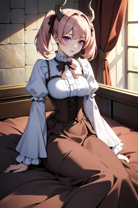 masterpiece,best quality,photorealistic, unreal engine, ultra res, extremely detailed,
1woman <lora:Linie001:0.3>
LINIE,HORNS,PINK HAIR,twintail, short hair,
purple eyes,
DRESS,BROWN RIBBON,FRILLS,CORSET,WIDE SLEEVES,SLEEVES PAST WRISTS, PANTYHOSE,
large breasts, waist, slender,
expressionless face,sleepy eyes
bed , lie down
watching at viewer,
waist shot
<lora:hews style by goofy ai:0.>hewsstyle
<lora:Styles_animemix_16:0.>
<lora:izumirika_lora:0.>