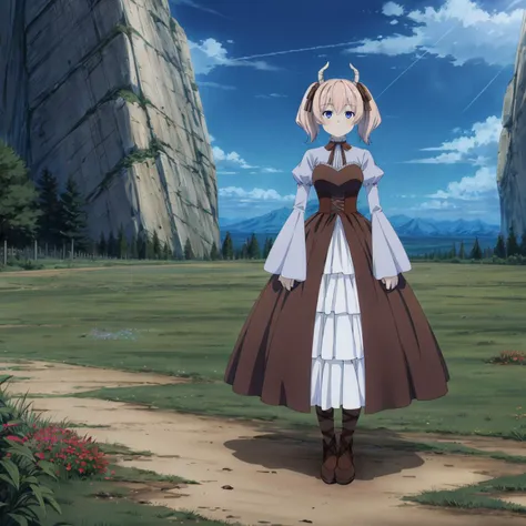 <lora:Linie001:0.7>,<lora:add_detail:1>,<lora:boldline:-0.8>,<lora:noline:0.3>,expressionless,
Linie,1girl,
dress,brown ribbon,frills,corset,wide sleeves,sleeves past wrists,
pantyhose,brown footwear,
full body,
mountain,nature,morning sun,grass,flower,plant,rock,wind,