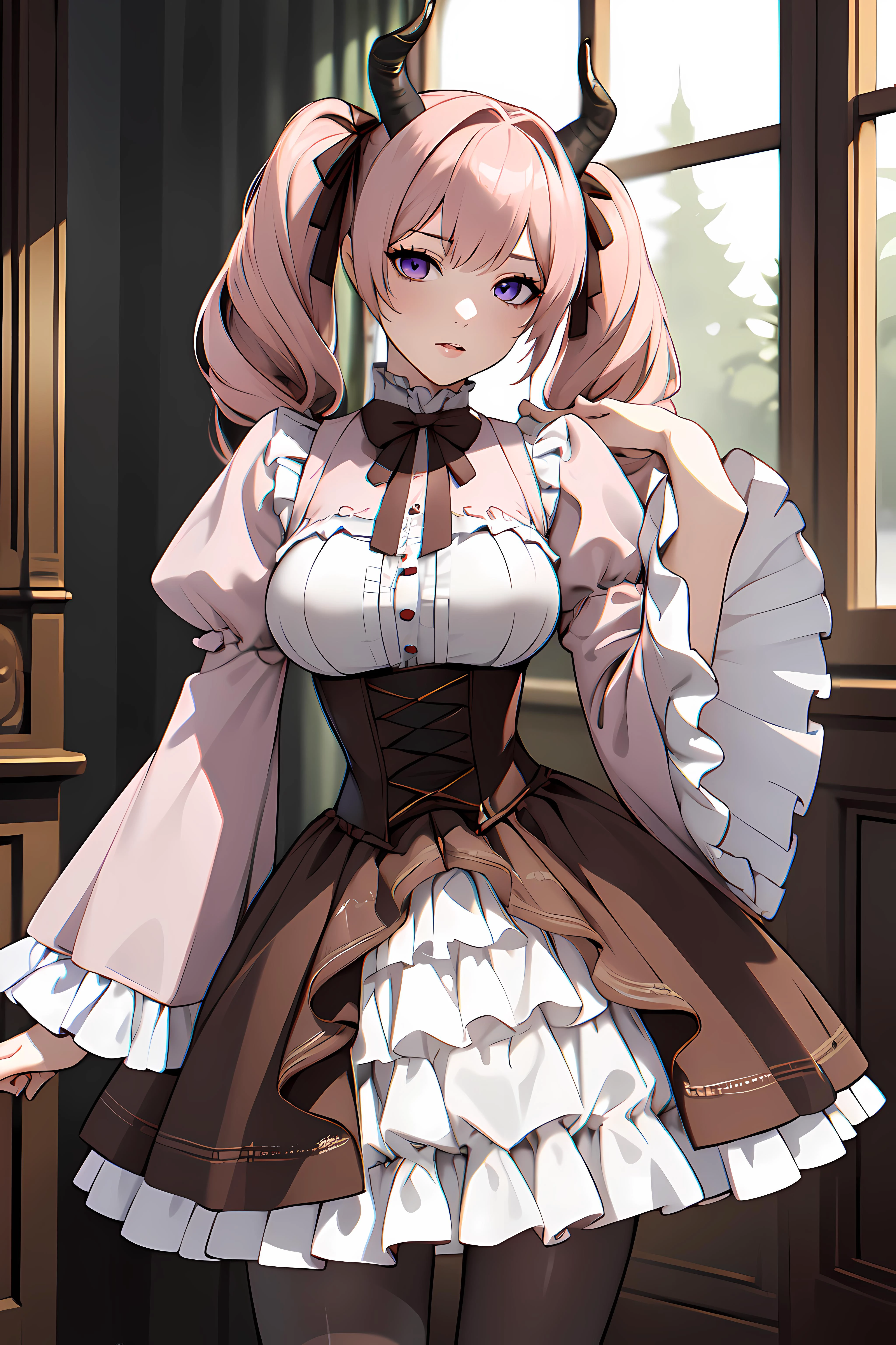 masterpiece,best quality,photorealistic, unreal engine, ultra res, extremely detailed,
1girl<lora:Linie001:0.4>
LINIE,HORNS,PINK HAIR,TWINTAILS,
DRESS,BROWN RIBBON,FRILLS,CORSET,WIDE SLEEVES,SLEEVES PAST WRISTS, PANTYHOSE
(big breasts, waist, slender:1.1),
watching at viewer,
waist shot
<lora:hews style by goofy ai:0.>hewsstyle
<lora:Styles_animemix_16:0.>
<lora:izumirika_lora:0.>