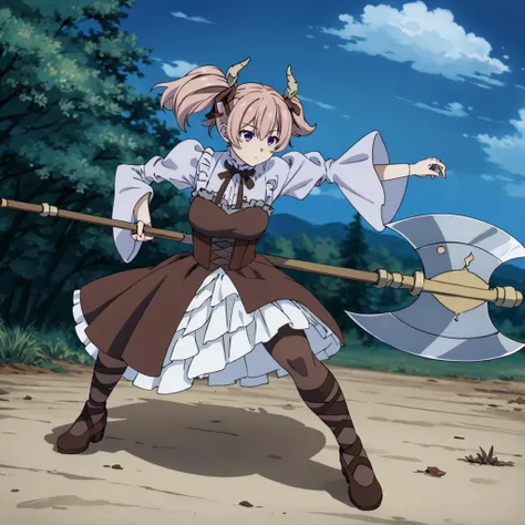 (masterpiece:1.5), best quality, (1girl, solo),
yumir, huge axe, gauntlets, armor, drill hair,holding huge weapon, armored dress, pointy ears, flat chest, thighhighs, dress, brown hair, greaves, boots, blue eyes, green eyes, earrings, jewelry,angry,
<lora:Yumir:0.6>,
( outdoors, forest,close-up, looking at viewer ), (((white frills panties)))),
<lora:GoodHands-beta2:0.8>