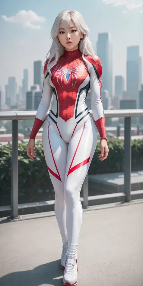 RAW photo, photo-realistic, ((Roseann Park)) as Spider Gwen, ( white, suit color), ((spider-man suit)) , platform , spider, super hero, full body suit, medium white hair, beautiful face, rain, rooftop perch, masterpiece, intricate detail, perfect anatomy, ((masterpiece, best quality, highres, adult female)), realism, 1girl, TONED ABs, beautiful, intricate details, depth of field, 8k uhd, dslr, soft lighting, high quality, film grain, Fujifilm XT3, <lora:spiderwoman_cosplay_outfit:0.35>, <lora:peach:0.2>