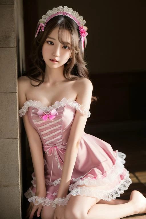 best quality, professional lighting, super detailed, realistic, beautiful detailed face eyes,looking at viewer,kawaii, <lora:Japanese maid dress v_20230708160753:0.5> pink dress, maid headdress,kneeling,leaning back on the wall,