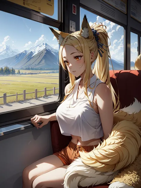 (masterpiece:1.2, best quality:1.1, highres,absurdres, high quality),(photorealistic:1.1),reflected light, colorful,ultra-detailed, ultra hd, super detailed,
Yaasaka,blonde hair, very long hair, orange eyes, ponytail, hair ornament, hair stick, fox ears, ((fox tail, multiple tails)), large breasts, micro shorts, crop top, navel, transportation_by_window, sitting, train interior,mountainous horizon, sleeveless, sleepy,
<lora:LowRA:0.2> <lora:HighSchoolDxD_Yaasaka:0.75> <lora:transportation_by_window:0.6>