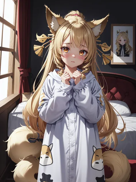 (masterpiece:1.2, best quality:1.1, highres,absurdres, high quality),(photorealistic:1.1),reflected light, colorful,ultra-detailed, ultra hd, super detailed,
Yaasaka,blonde hair, very long hair, orange eyes, ponytail, hair ornament, hair stick, fox ears, ((fox tail, multiple tails)),oversized clothes, upset, bedroom, oversized sleepwear, cowboy shot, indoors, crying,
<lora:LowRA:0.4> <lora:age_slider_v2:-3> <lora:HighSchoolDxD_Yaasaka:0.85>