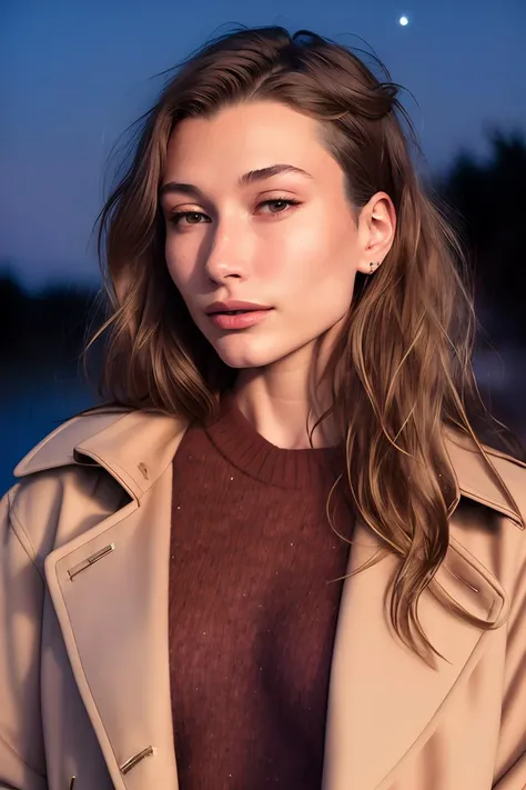 a photo of HB1eb3rV2-600, a woman, RAW, close portrait photo, close up shot, brown hair, (red sweater), and brown trench coat, night sky background, (high detailed skin:1.2), 8k uhd, dslr, soft lighting, high quality, film grain, Fujifilm XT3 sharp focus, f 5.6