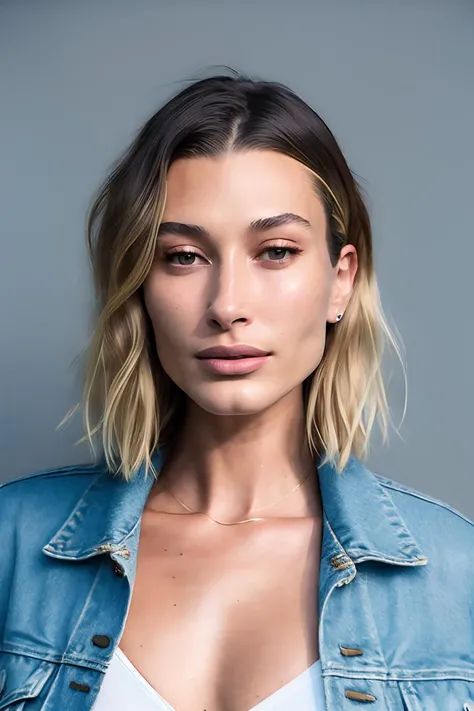 a photo of HB1eb3r, a woman, RAW, close portrait photo, bob haircut, white crop top, denim jacket, street in the background, (high detailed skin:1.2), 8k uhd, dslr, soft lighting, high quality, film grain, Fujifilm XT3 sharp focus, f 5.6