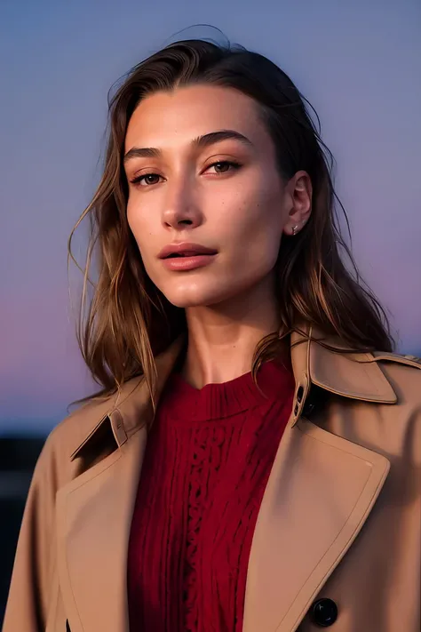 a photo of HB1eb3r, a woman, RAW, close portrait photo, close up shot, brown hair, (red sweater), and brown trench coat, night sky background, (high detailed skin:1.2), 8k uhd, dslr, soft lighting, high quality, film grain, Fujifilm XT3 sharp focus, f 5.6