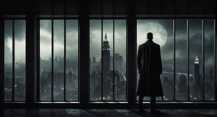 Dark Fantasy Art of <lora:Gotham City:1.2>
Gotham City a man standing in front of a window looking at a city, dark, moody, dark fantasy style
