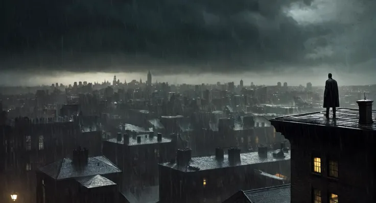 Dark Fantasy Art of <lora:Gotham City:1.2>
Gotham City a man standing on top of a roof in the rain, dark, moody, dark fantasy style