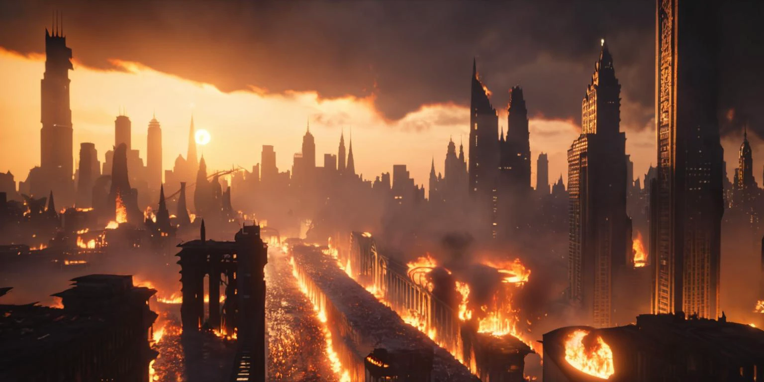 High resolution, best quality, high detail, masterpiece, pristine, dystopian apocalyptic future cityscape, wide angle lens, establishing shot, Gotham City, duality of poverty and wealth, two planes of existence merged, filled with automatons, urban robot habitats in flames, chaos, metropolitan utopian city skyline in the distance, crowded, metallic, shiny, clear daytime skies at sunrise, indirect lighting, shadows, backlit, silver and mother of pearl theme, asymmetrical background, immaculate <lora:EdobHell2_XL_v1.0:2> <lora:Gotham City:0.4>, Hires, best quality, high detail, masterpiece, wide angle lens, establishing shot, view from above