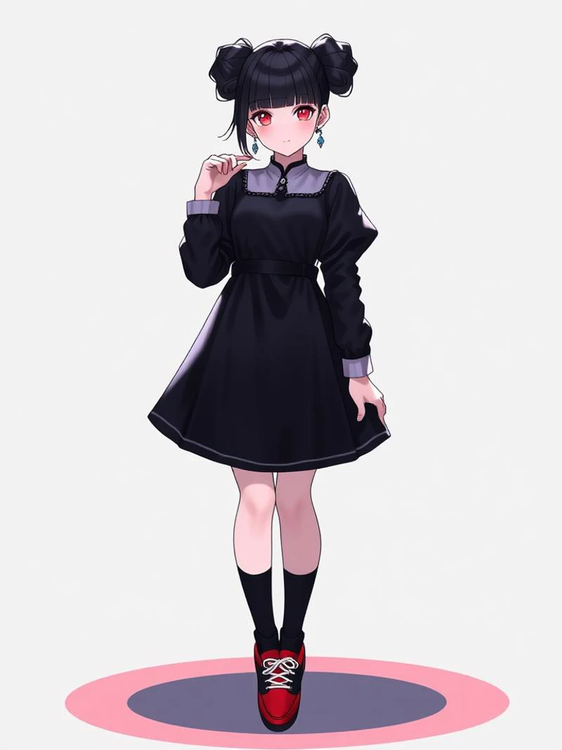 niji style, 1girl, solo, looking at viewer, bangs, black hair, red eyes, long sleeves, dress, jewelry, standing, full body, earrings, shoes, socks, blunt bangs, hair bun, black dress, double bun, black socks, red footwear, puffy long sleeves