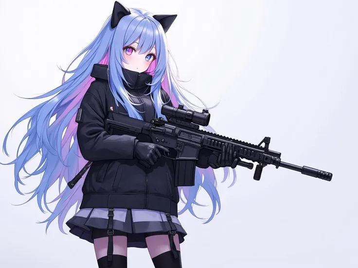 niji style, 1girl, solo, long hair, looking at viewer, bangs, blue eyes, skirt, red eyes, thighhighs, gloves, long sleeves, holding, animal ears, closed mouth, blue hair, standing, jacket, weapon, black thighhighs, cat ears, holding weapon, black jacket, gun, heterochromia, garter straps, holding gun, rifle, assault rifle