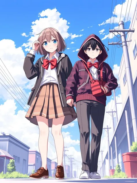 niji style, 1girl, short hair, blue eyes, skirt, brown hair, shirt, black hair, 1boy, bow, school uniform, standing, jacket, white shirt, flower, pleated skirt, outdoors, sky, day, pants, cloud, hood, bowtie, bag, red bow, blue sky, plaid, hoodie, plaid skirt, building, red bowtie, power lines, utility pole