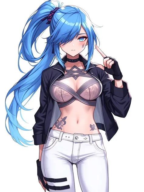 niji style, 1girl, solo, long hair, breasts, blue eyes, gloves, navel, cleavage, medium breasts, blue hair, jacket, ponytail, open clothes, pants, fingerless gloves, hair over one eye, open jacket, tattoo