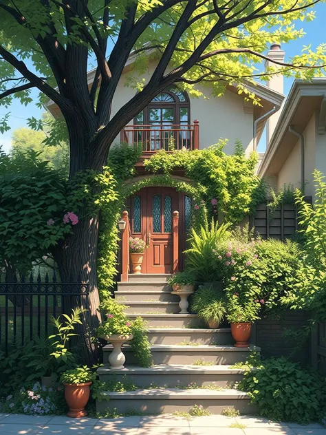 niji style, outdoors, tree, no humans, window, plant, scenery, stairs, door, bush, house