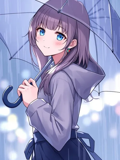 niji style, 1girl, solo, long hair, looking at viewer, blush, smile, bangs, blue eyes, long sleeves, holding, jewelry, closed mouth, upper body, earrings, hood, looking to the side, umbrella, rain, holding umbrella, transparent, transparent umbrella