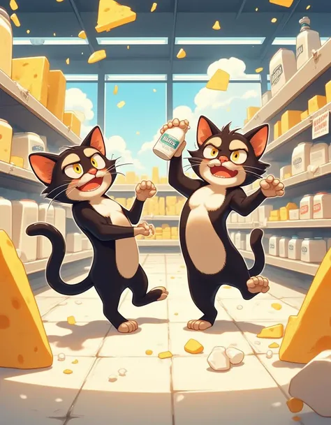 Two drunken cats stumbling inside a brightly lit dairy shop, one cat swaying with a milk bottle in its paw while the other leans against a large cheese wheel, both with exaggerated goofy expressions, surrounded by spilled milk cartons, and cheese slices. The shop is full of dairy products on display, creating a humorous and chaotic scene. The cats are wobbly, slightly disheveled, with their tails swinging, as they try to balance themselves. Vibrant lighting and playful, cartoonish details. <lora:fca_style_3_4:0.8> Flat colour anime style image showing