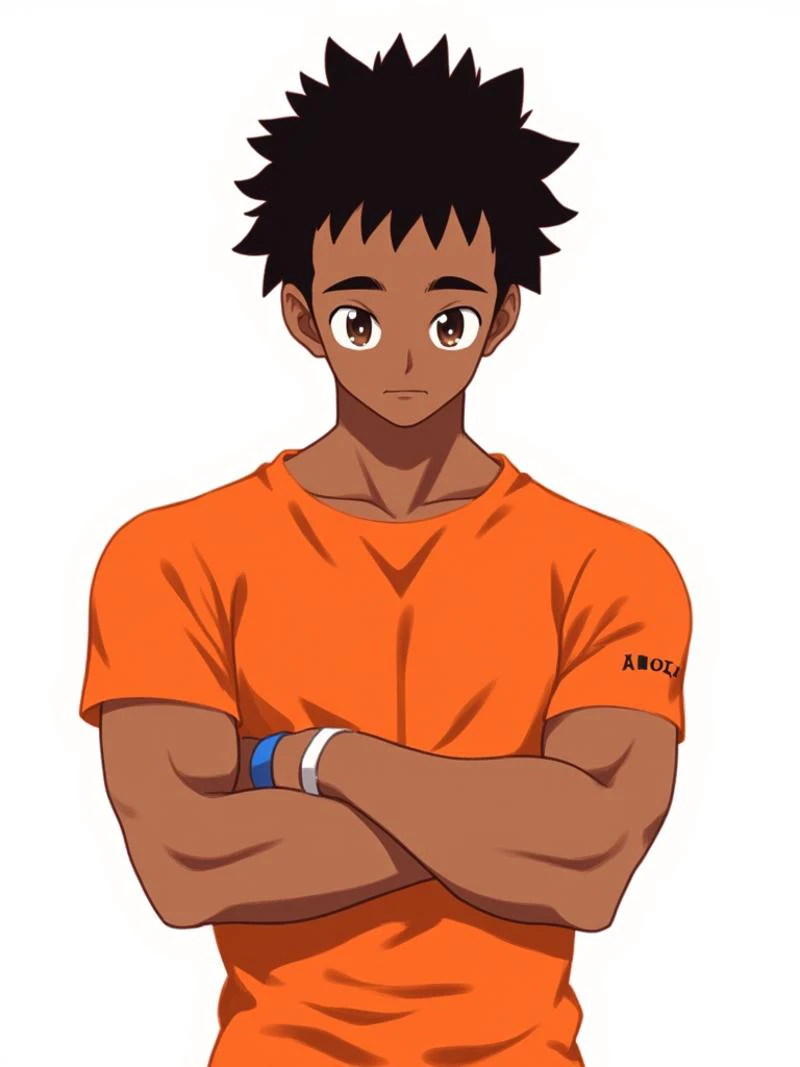 niji style, solo, looking at viewer, short hair, simple background, shirt, black hair, 1boy, white background, brown eyes, closed mouth, male focus, dark skin, muscular, crossed arms, pectorals, muscular male, wristband, bara, orange shirt