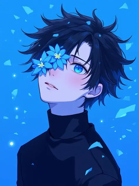 niji style, solo, short hair, blue eyes, shirt, black hair, long sleeves, 1boy, upper body, flower, male focus, parted lips, black shirt, blue background, looking away, looking up, light particles, blue flower, blue theme, one eye covered, flower over eye