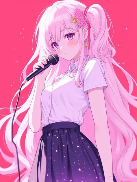 niji style, 1girl, solo, long hair, looking at viewer, blush, bangs, skirt, shirt, hair ornament, holding, jewelry, purple eyes, flower, short sleeves, earrings, hair flower, pink background, microphone, red background, holding microphone, print skirt, starry sky print