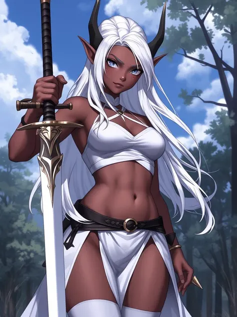 ((1 Indian woman)),((with tribal tattoos, abdomen))),((medium breasts, naked breasts, erect breasts, naked pussy)),((white hair)),((brown eyes, hopeless face )),((standing, In a haunted forest, at night)),((1 arm behind the back)),