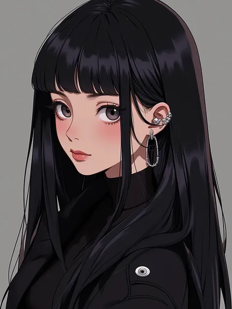 niji style, 1girl, long hair, looking at viewer, bangs, black hair, jewelry, jacket, earrings, blunt bangs, piercing, ear piercing