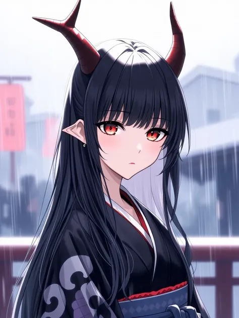 niji style, 1girl, solo, long hair, looking at viewer, bangs, black hair, hair ornament, red eyes, closed mouth, upper body, japanese clothes, horns, kimono, blurry, blurry background, piercing, ear piercing, rain, red lips, black kimono