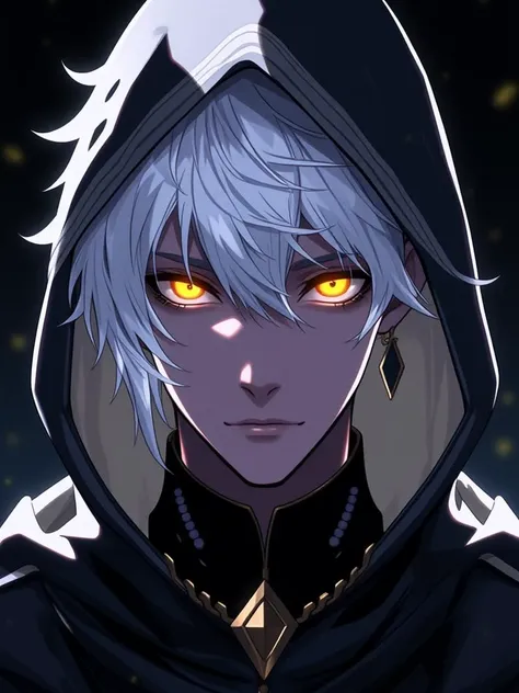 niji style, solo, looking at viewer, 1boy, hair between eyes, jewelry, yellow eyes, white hair, male focus, earrings, hood, glowing, glowing eyes, hood up