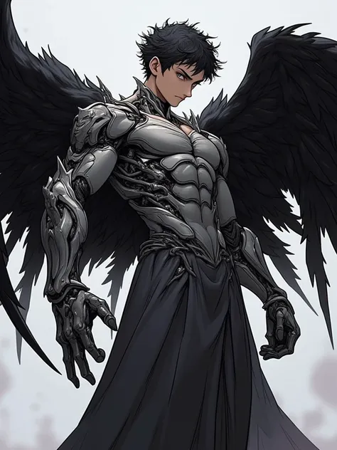 niji style, solo, looking at viewer, short hair, black hair, 1boy, male focus, wings, dark skin, muscular, muscular male, clenched hands, black wings, cyborg