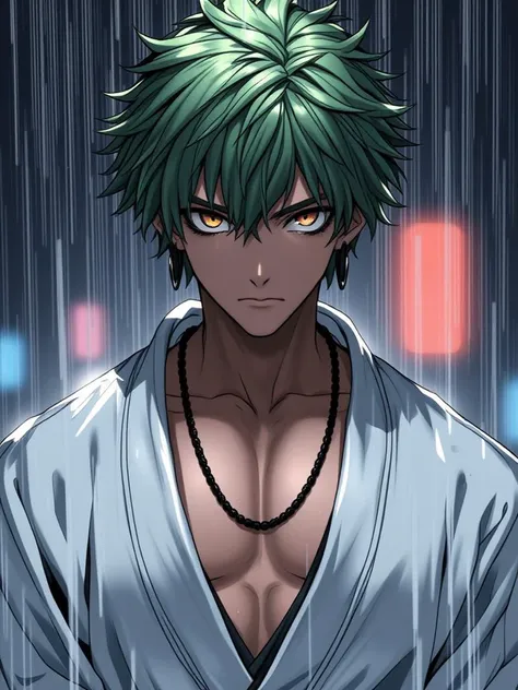 niji style, solo, looking at viewer, short hair, 1boy, jewelry, closed mouth, yellow eyes, upper body, male focus, earrings, japanese clothes, green hair, open clothes, necklace, wet, pectorals, rain, toned, toned male, pectoral cleavage, roronoa zoro