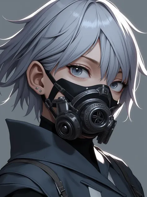 niji style, 1girl, solo, looking at viewer, short hair, grey hair, hair over one eye, grey eyes, mask, piercing, portrait, respirator