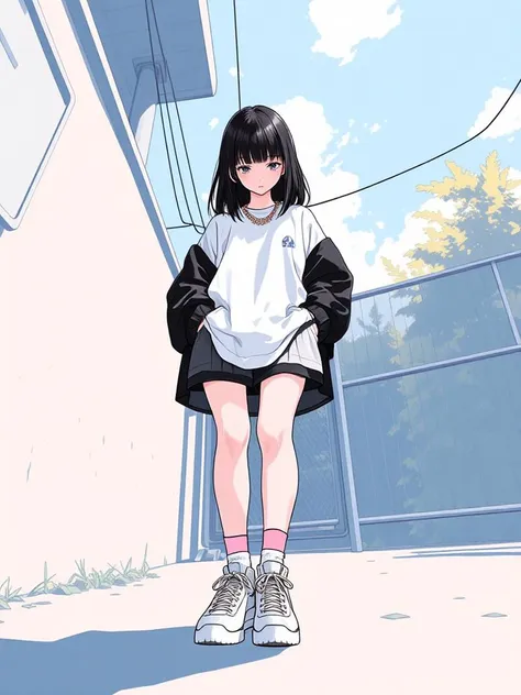 niji style, 1girl, solo, bangs, black hair, long sleeves, jewelry, standing, full body, shoes, socks, looking down, from below, sneakers, hand in pocket, pink socks