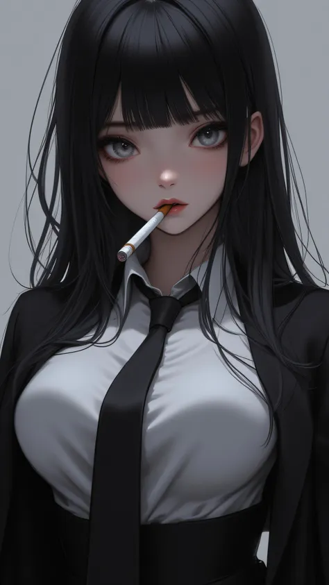  niji style,1girl, solo, long_hair, breasts, looking_at_viewer, bangs, large_breasts, shirt, black_hair, jacket, white_shirt, upper_body, necktie, collared_shirt, blunt_bangs, lips, black_jacket,  mouth_hold, formal, black_necktie, cigarette, white_eyes