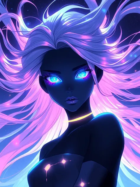 niji style, 1girl, solo, long hair, looking at viewer, blue eyes, floating hair, glowing, colored skin, star (sky), glowing eyes, giant, straight-on, black skin