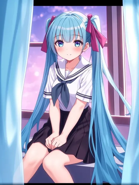 niji style, 1girl, solo, long hair, looking at viewer, blush, smile, bangs, skirt, shirt, ribbon, twintails, sitting, very long hair, school uniform, hair ribbon, white shirt, short sleeves, pleated skirt, serafuku, indoors, black skirt, sailor collar, neckerchief, window, aqua hair, curtains, hatsune miku