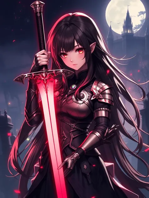 niji style, 1girl, solo, long hair, breasts, looking at viewer, black hair, red eyes, holding, weapon, parted lips, sword, holding weapon, armor, night, glowing, holding sword, moon, shoulder armor, gauntlets, castle